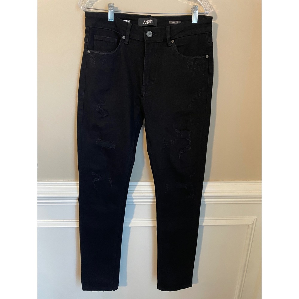 Anom Selvedge Jeans Rustic Slim Fit Jet Black Distressed Size 32x32‎